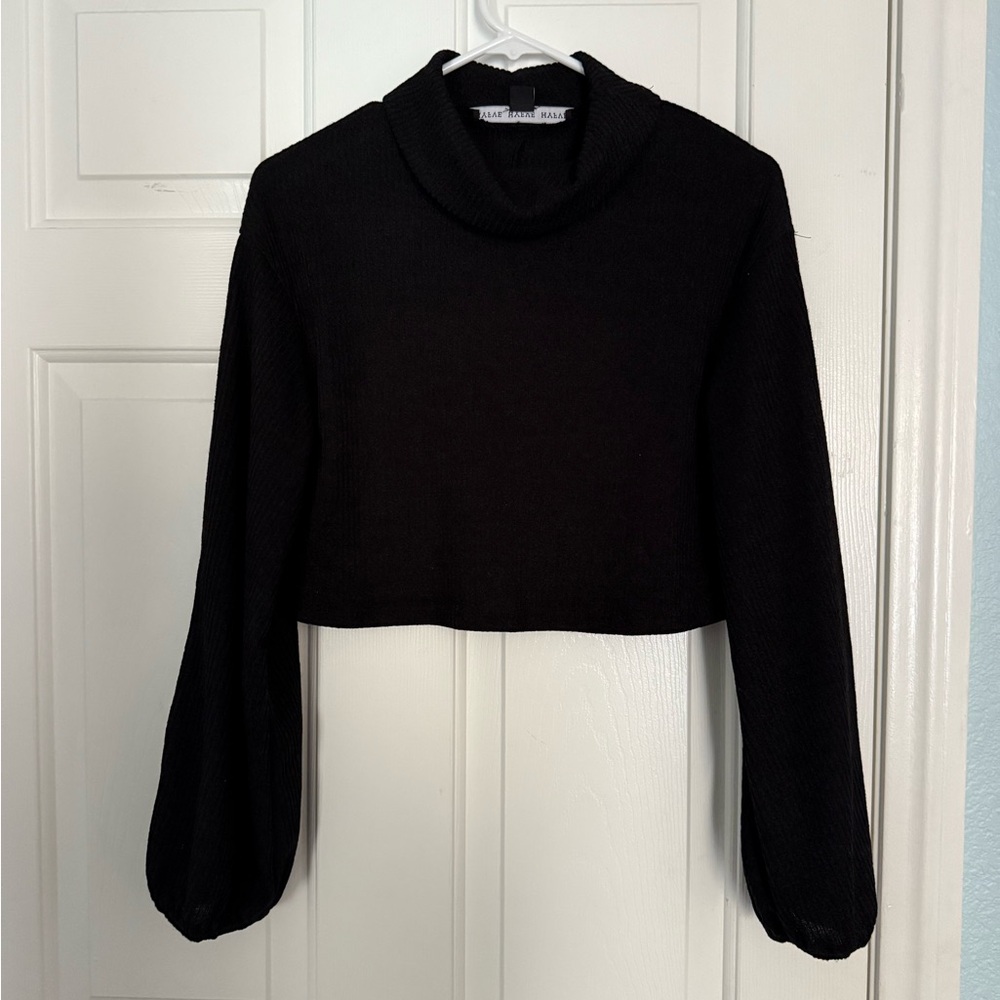 Dark Gray Bishop Sleeve Cropped Turtleneck Sweater- Size M